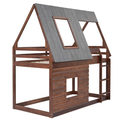 Wood Twin Size House Bunk Bed with Roof Design