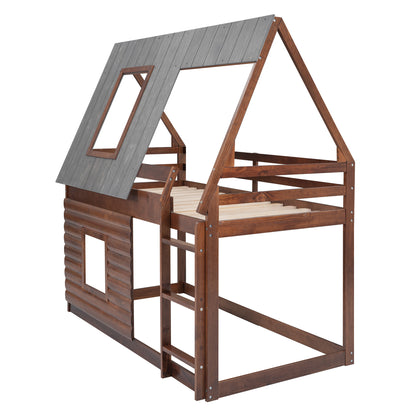 Wood Twin Size House Bunk Bed with Roof Design