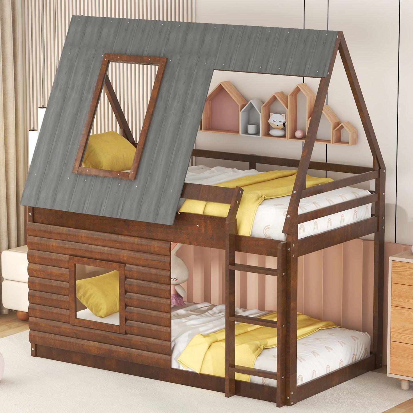 Wood Twin Size House Bunk Bed with Roof Design