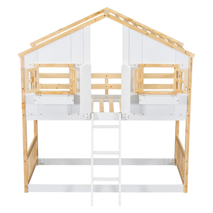 Twin over Twin House Bunk Bed with Roof Design