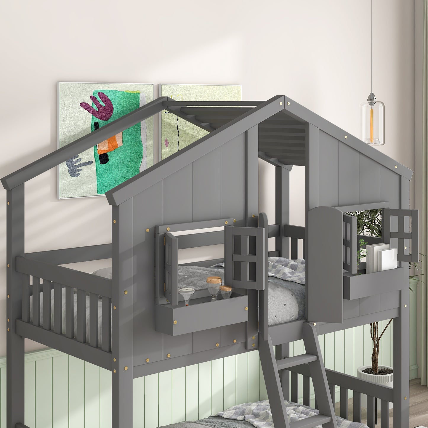 Twin over Twin House Bunk Bed with Roof Design