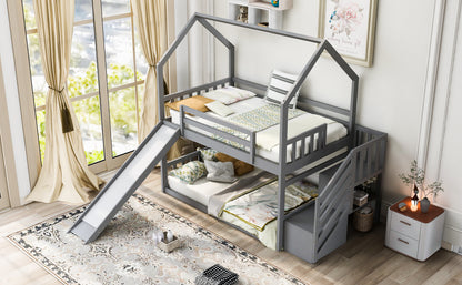 Twin House Bunk Bed with Convertible Slide Design