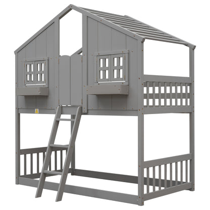 Twin over Twin House Bunk Bed with Roof Design