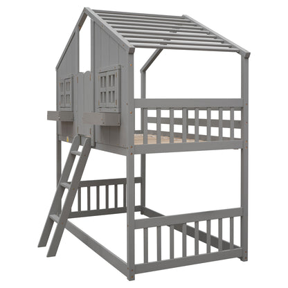 Twin over Twin House Bunk Bed with Roof Design