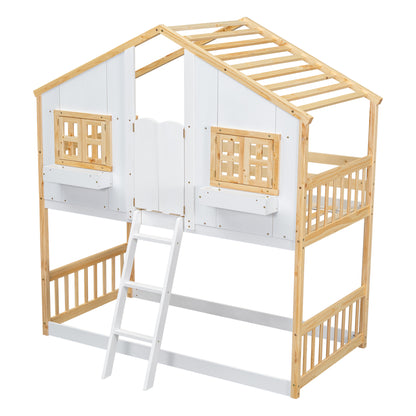 Twin over Twin House Bunk Bed with Roof Design