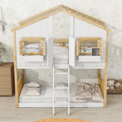 Twin over Twin House Bunk Bed with Roof Design