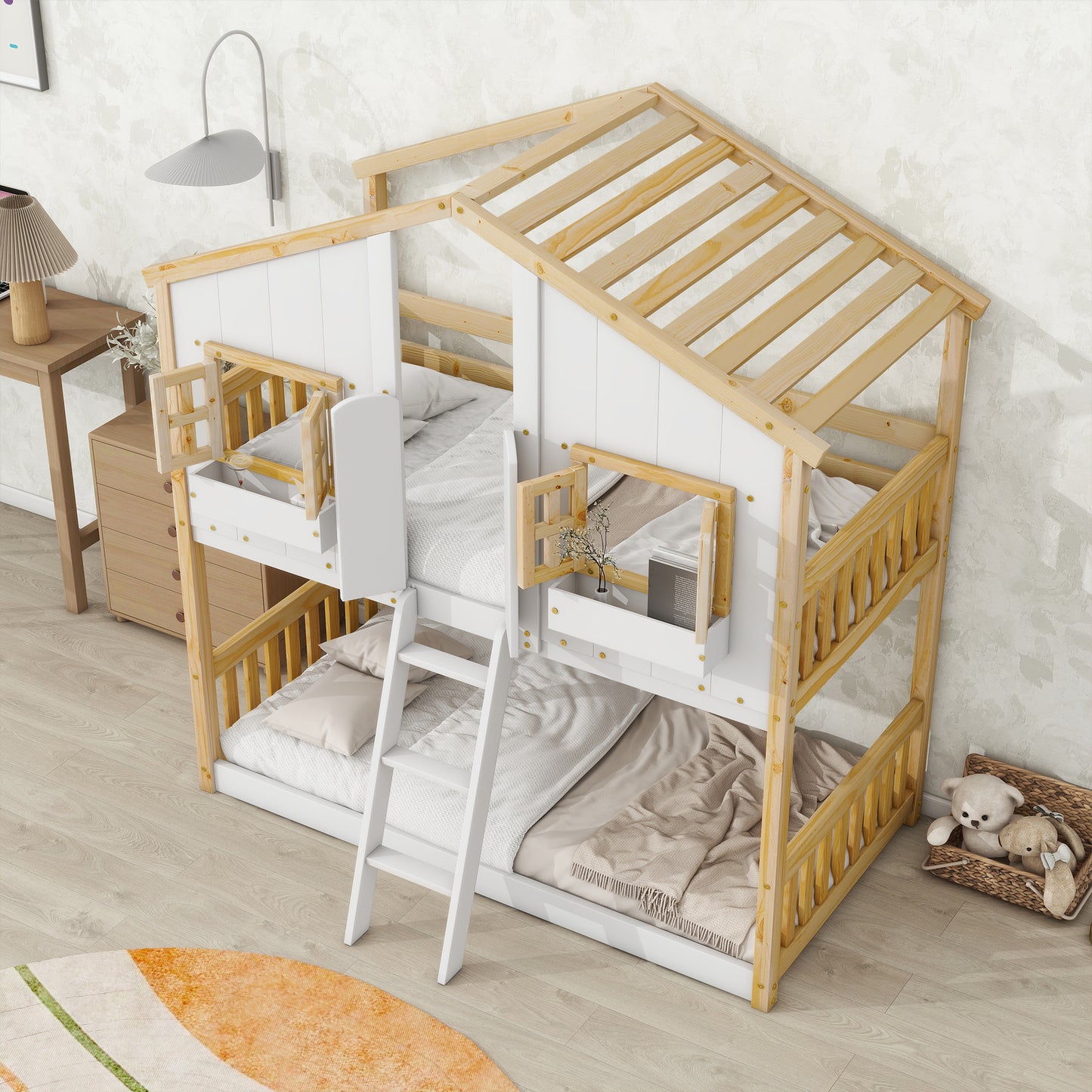 Twin over Twin House Bunk Bed with Roof Design