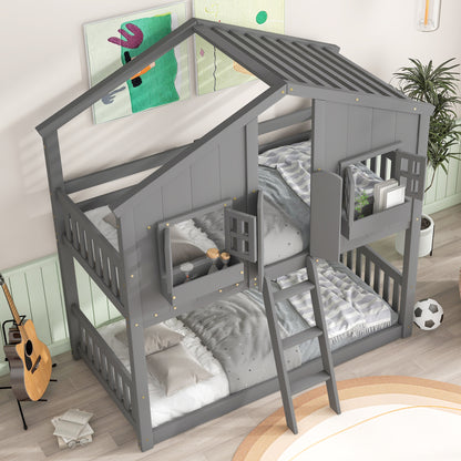 Twin over Twin House Bunk Bed with Roof Design