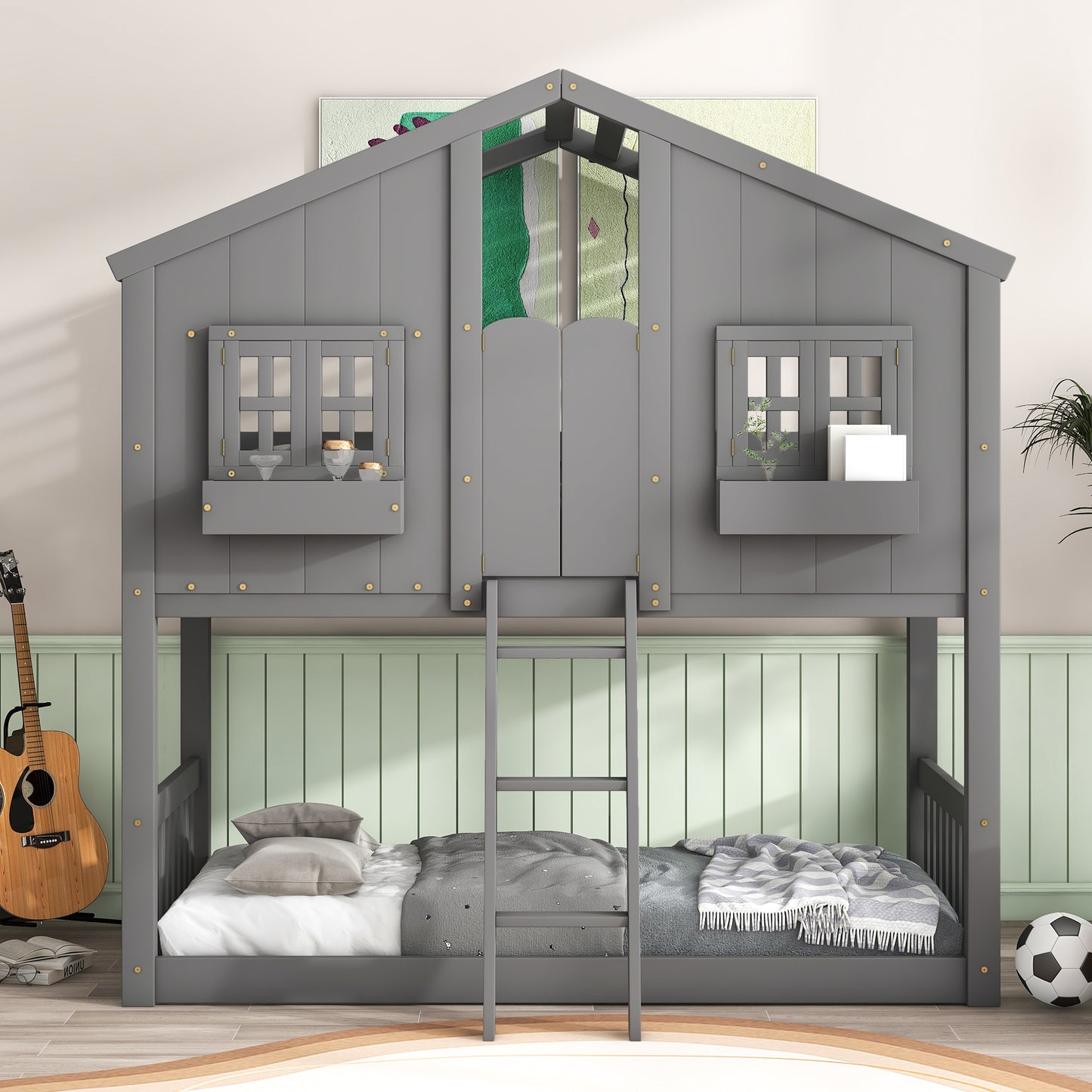 Twin over Twin House Bunk Bed with Roof Design