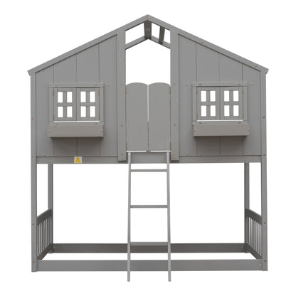 Twin over Twin House Bunk Bed with Roof Design