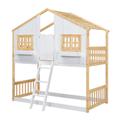 Twin over Twin House Bunk Bed with Roof Design