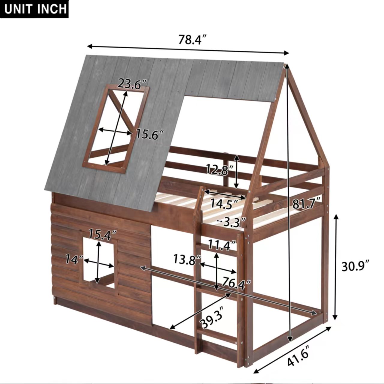 Wood Twin Size House Bunk Bed with Roof Design