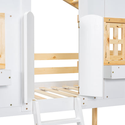 Twin over Twin House Bunk Bed with Roof Design