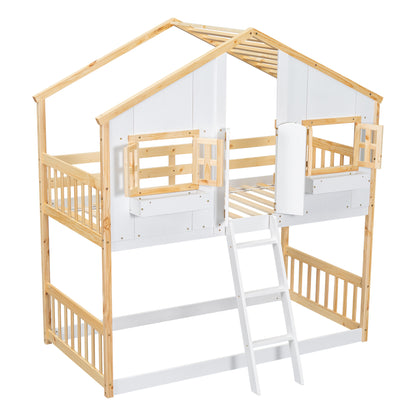 Twin over Twin House Bunk Bed with Roof Design