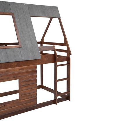 Wood Twin Size House Bunk Bed with Roof Design