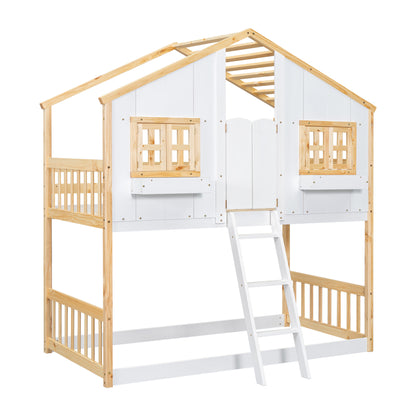 Twin over Twin House Bunk Bed with Roof Design