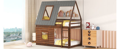 Wood Twin Size House Bunk Bed with Roof Design