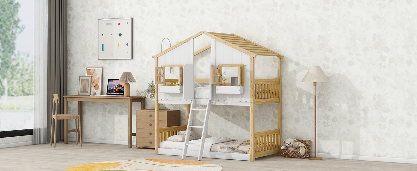 Twin over Twin House Bunk Bed with Roof Design