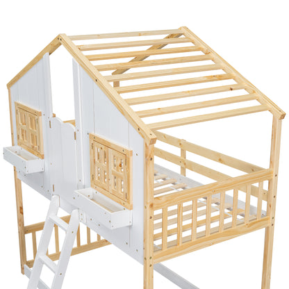 Twin over Twin House Bunk Bed with Roof Design