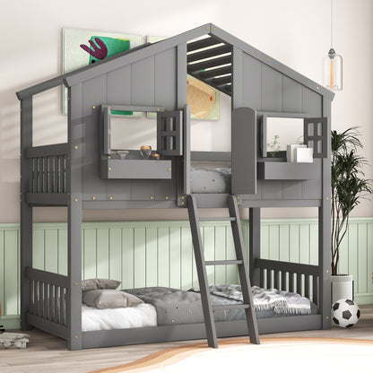 Twin over Twin House Bunk Bed with Roof Design