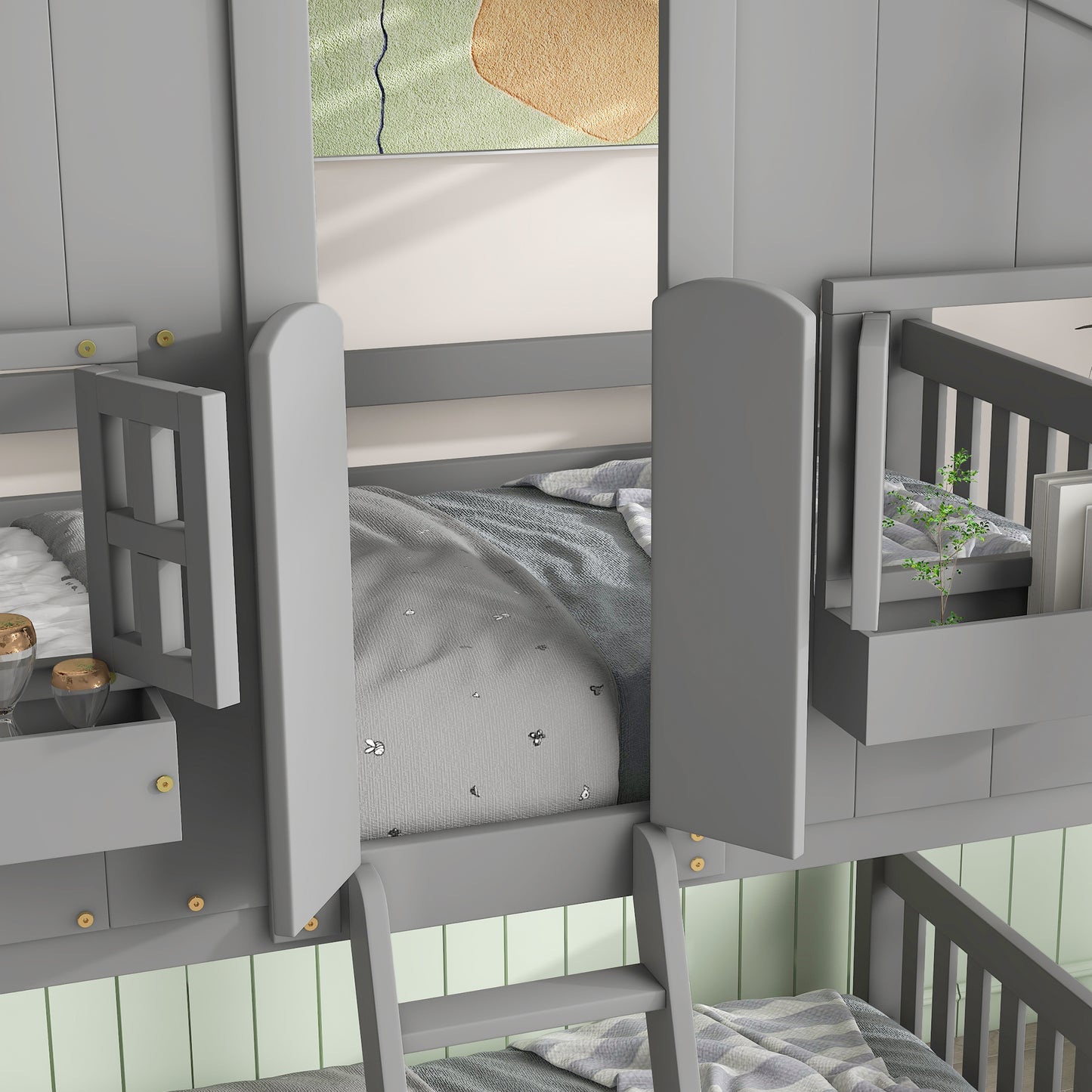 Twin over Twin House Bunk Bed with Roof Design