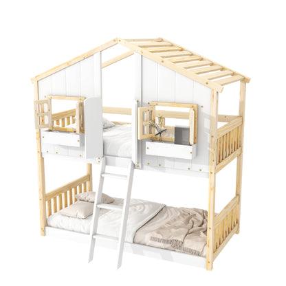 Twin over Twin House Bunk Bed with Roof Design