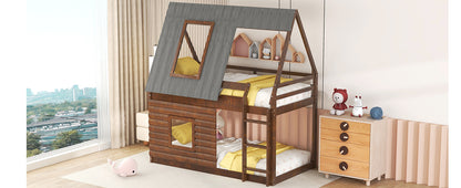 Wood Twin Size House Bunk Bed with Roof Design