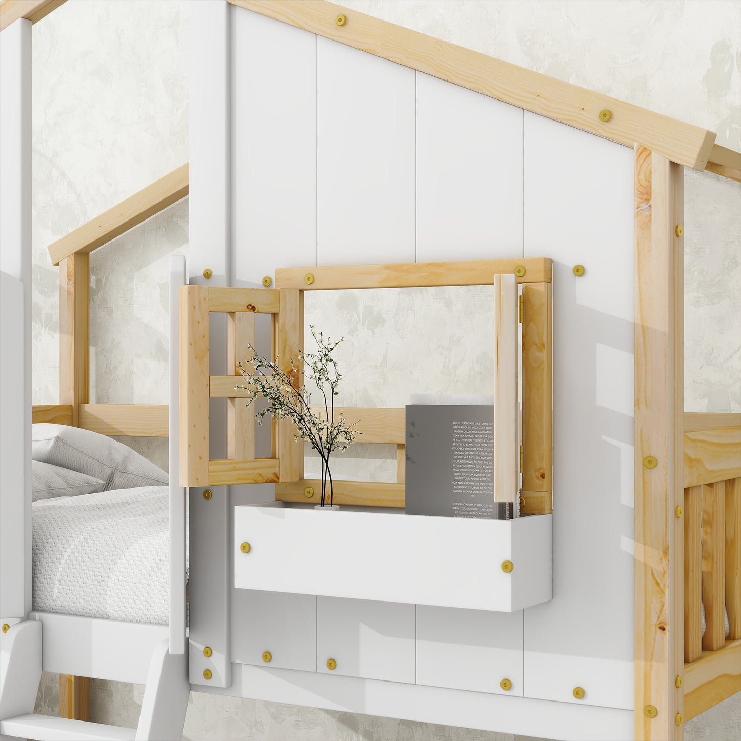 Twin over Twin House Bunk Bed with Roof Design