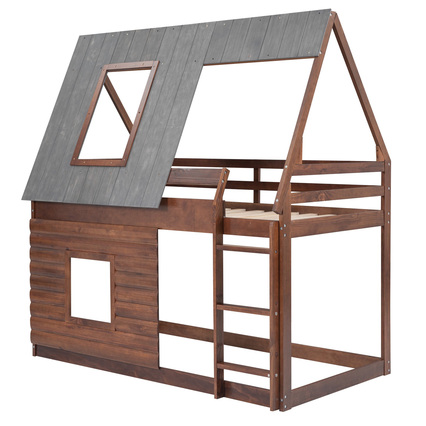 Wood Twin Size House Bunk Bed with Roof Design