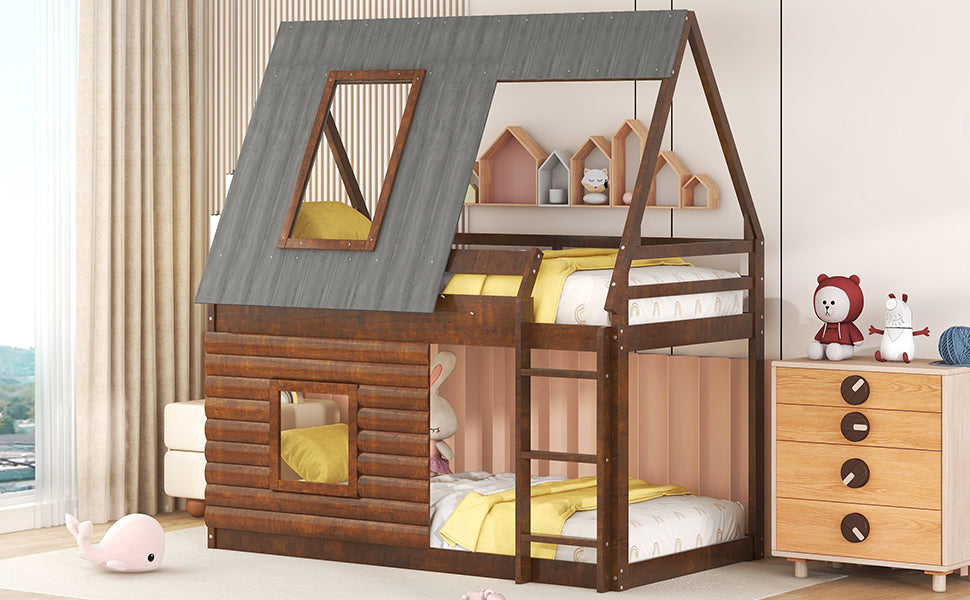 Wood Twin Size House Bunk Bed with Roof Design