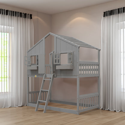 Twin over Twin House Bunk Bed with Roof Design