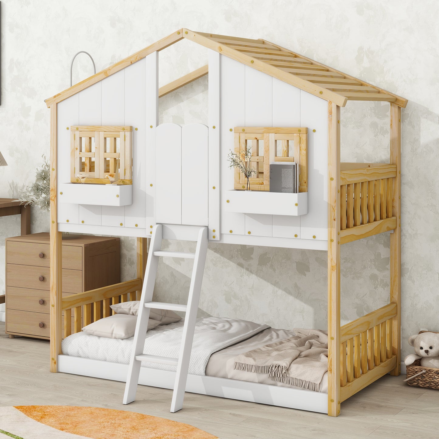 Twin over Twin House Bunk Bed with Roof Design