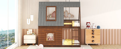 Wood Twin Size House Bunk Bed with Roof Design