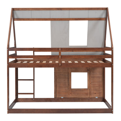 Wood Twin Size House Bunk Bed with Roof Design