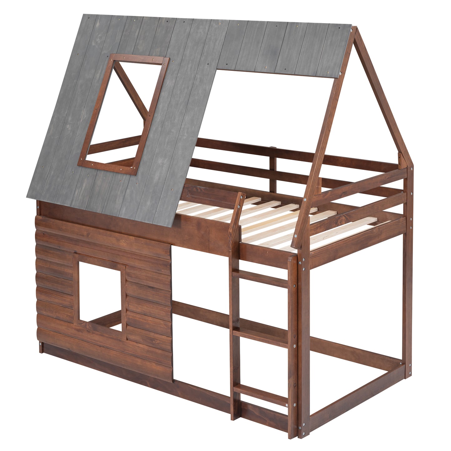 Wood Twin Size House Bunk Bed with Roof Design