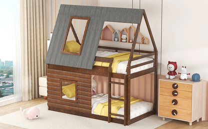 Wood Twin Size House Bunk Bed with Roof Design