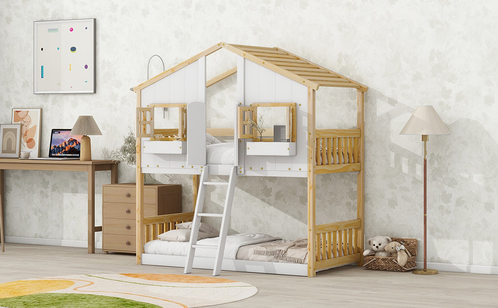 Twin over Twin House Bunk Bed with Roof Design