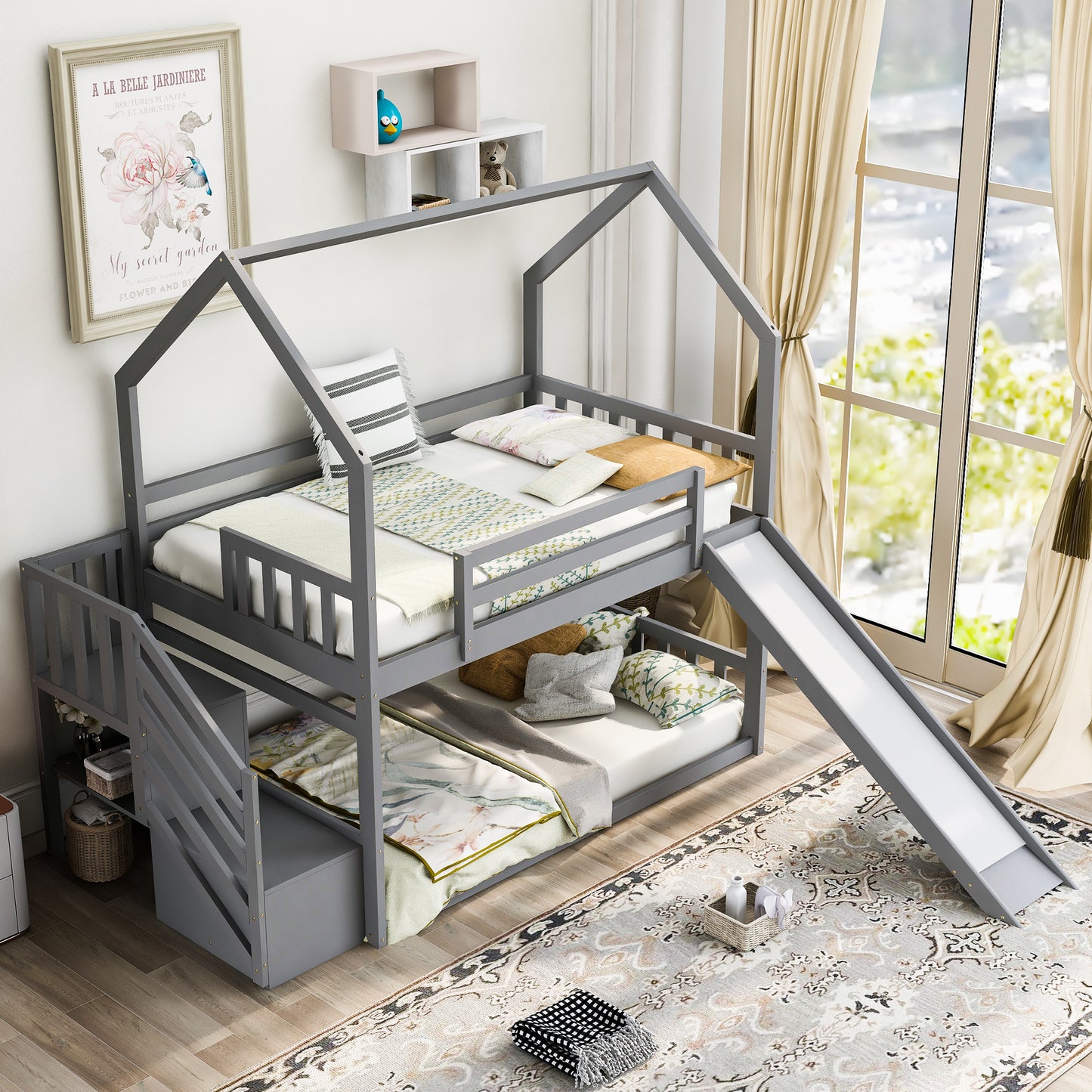 Twin House Bunk Bed with Convertible Slide Design