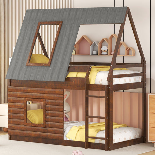 Wood Twin Size House Bunk Bed with Roof Design