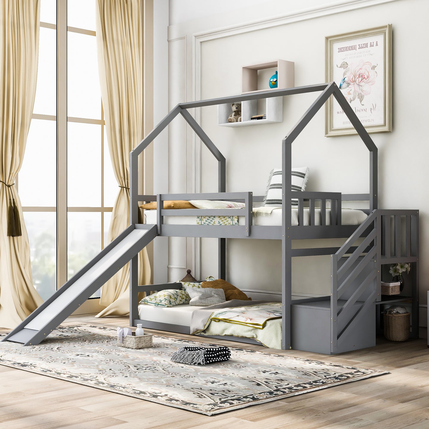 Twin House Bunk Bed with Convertible Slide Design